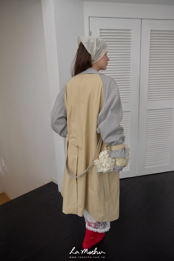 腰帶袖拼接風衣外套